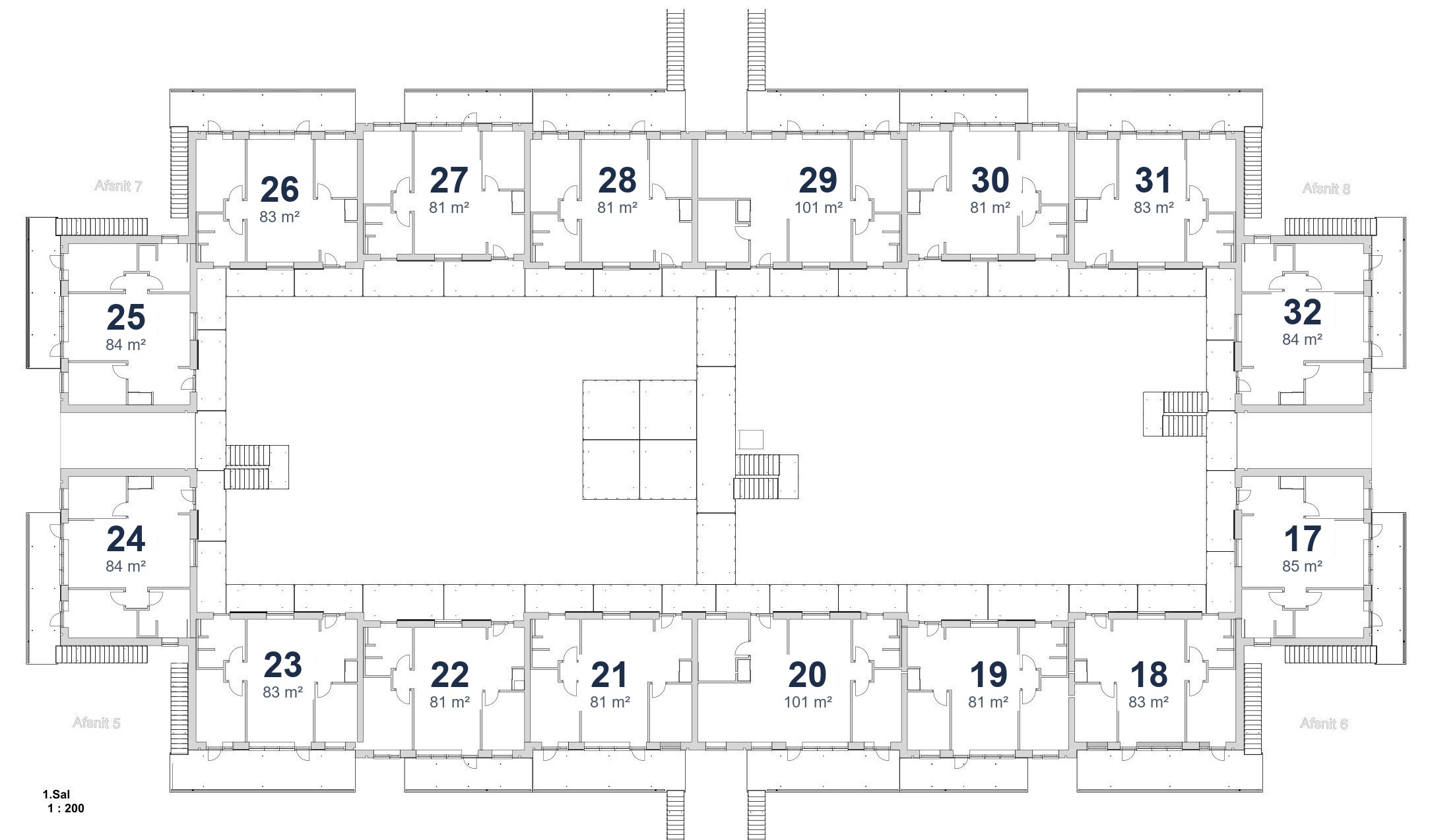 Bygning 1, 1. sal: lejlighed 17–32, 81–101 m²