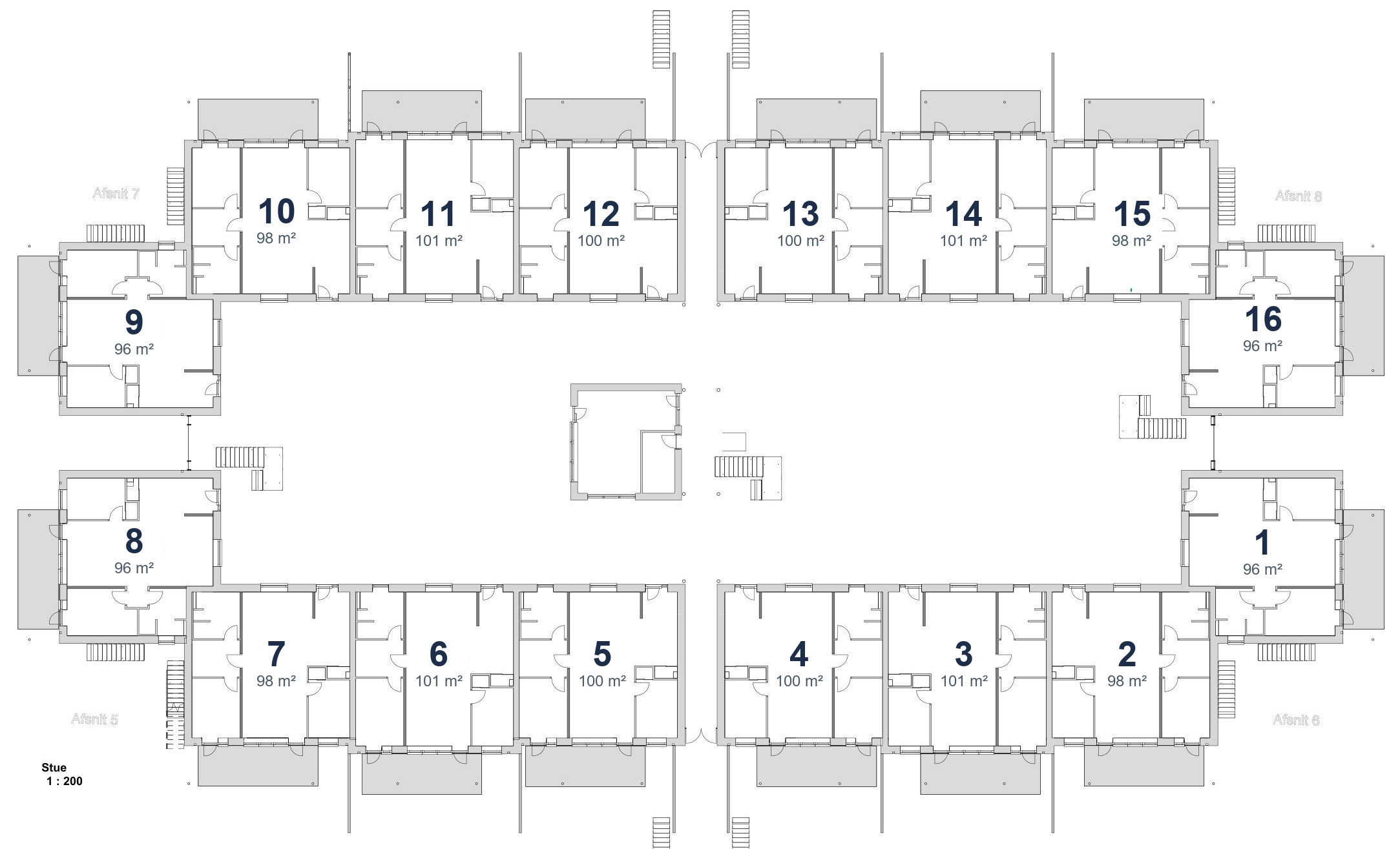 Bygning 1, stueetage: lejlighed 1–16, 96–101 m²
