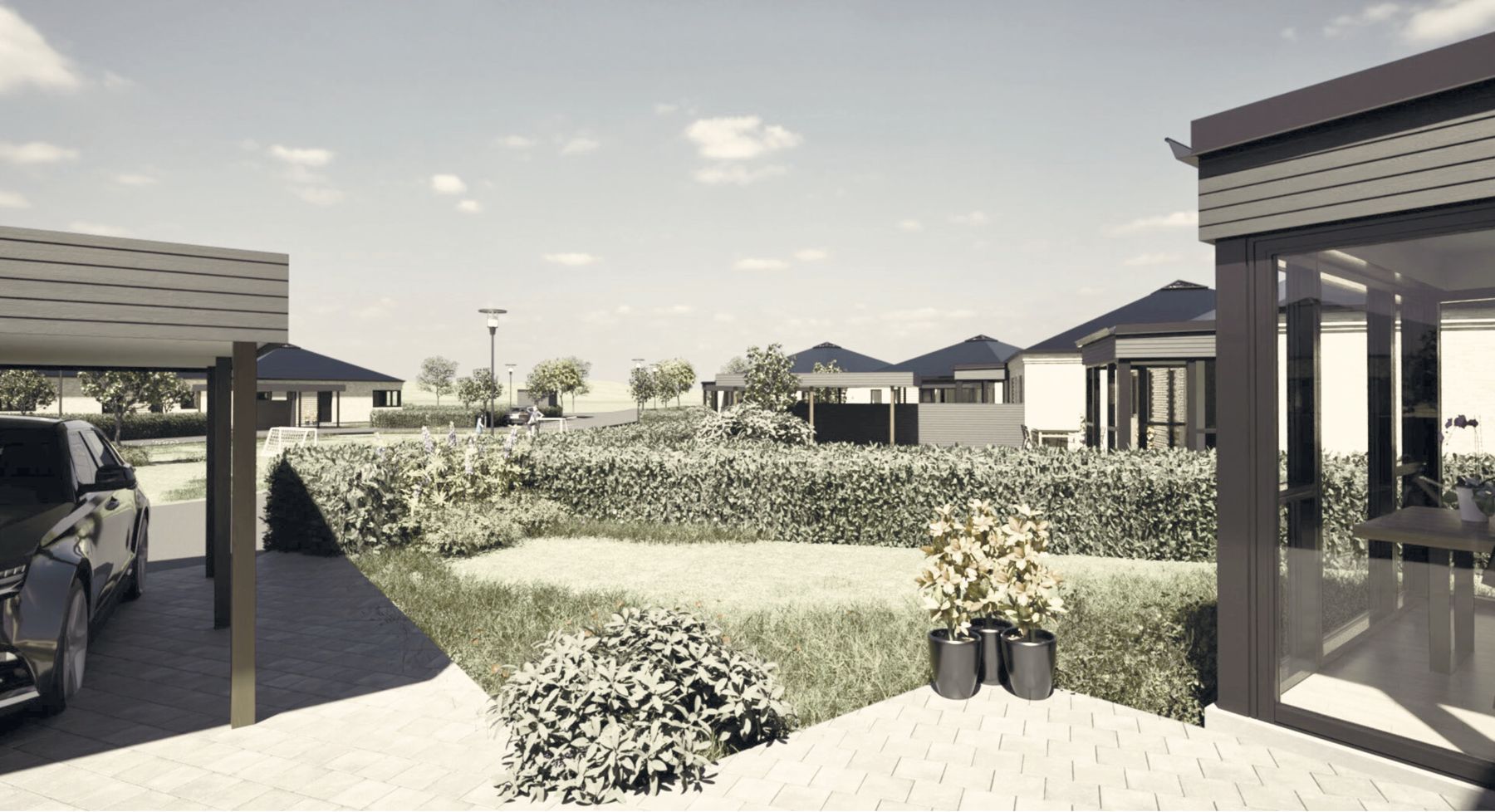 Visualisering: have og terrasse ved en bolig med udsigt til de andre huse