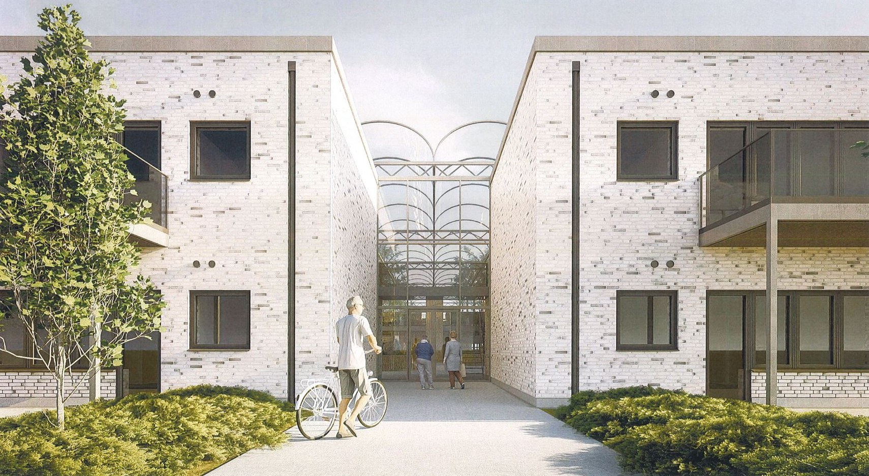 Visualisering: indgang mellem to bygninger ind til atriumgården med det buede tag